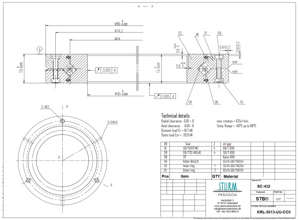 Kreuzrollenlager KRL-5013-UU-CC0 ( Drehverbindung RB 5013 UU CC0 )