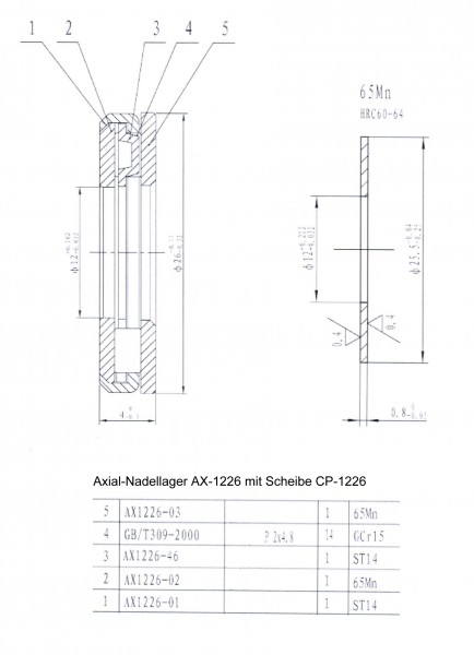 Axial-Nadellager AX-1226+CP-1226 ( AX-1226 mit Scheibe CP-1226 )